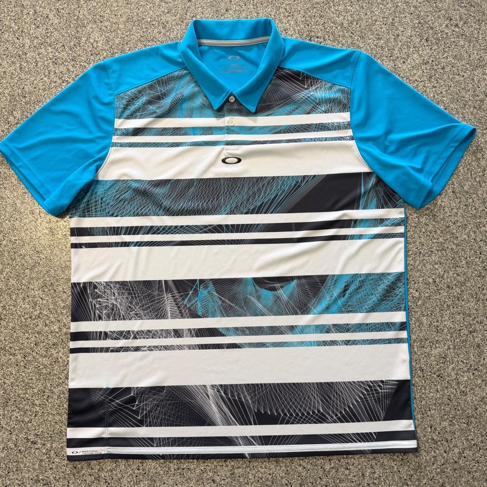 Oakley Golf Polo Mens XL Blue White Striped Abstract Stretch Regular Fit